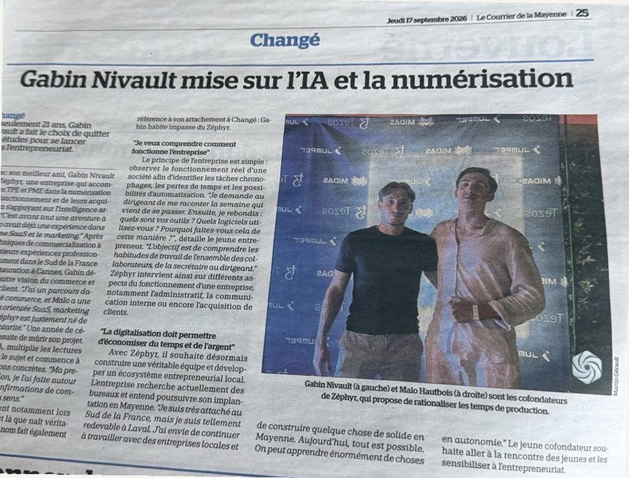 Article du Courrier de la Mayenne du 17 septembre 2026 sur Gabin Nivault et Malo Hautbois, fondateurs de Zéphyr System